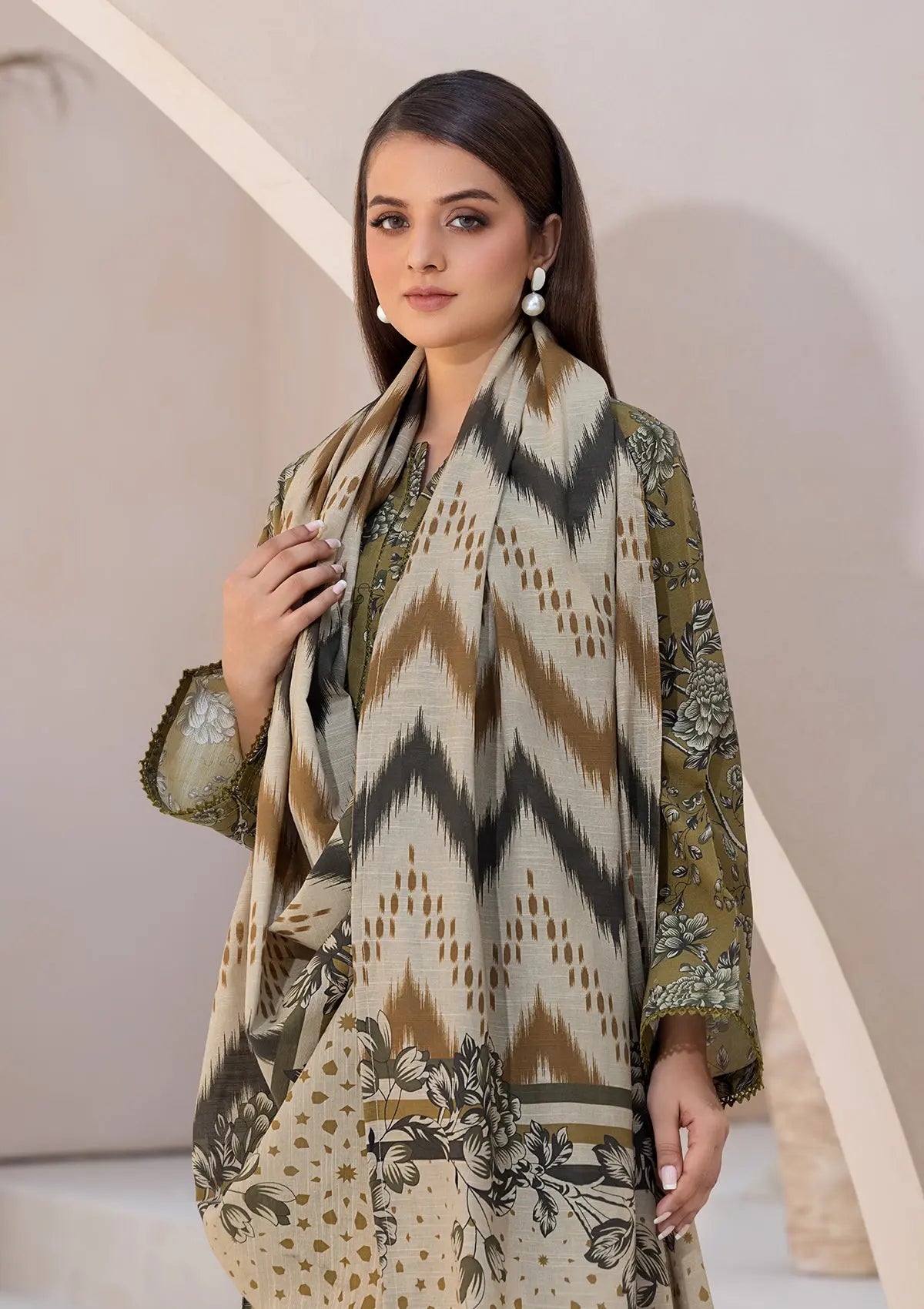 PRINTED KHADDAR BT6526-OLV Bin Tayyab