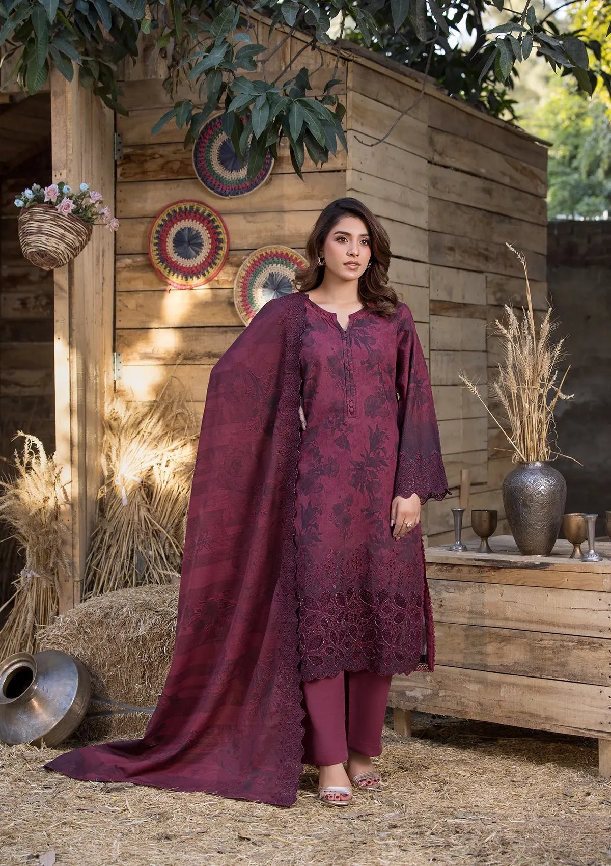 Khaddar (BT-130) 3-Piece Stitch Suit Maroon Bin Tayyab