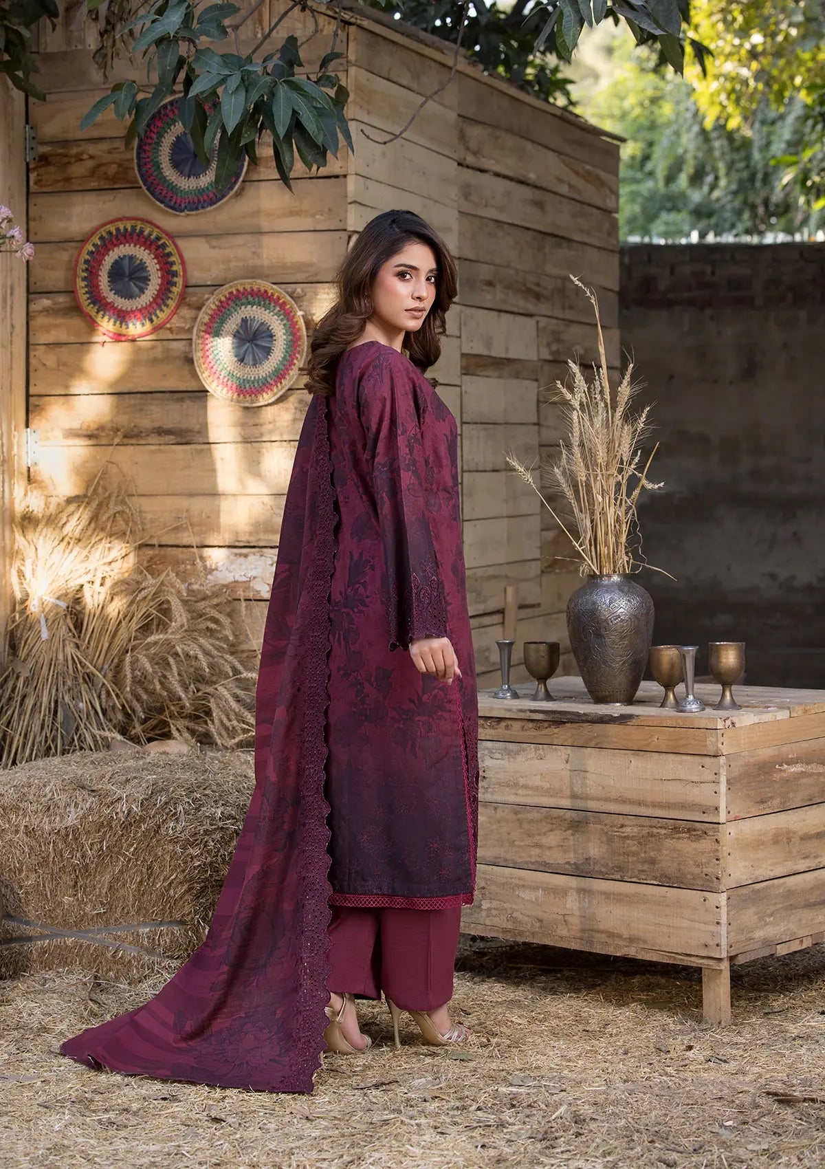 Khaddar (BT-130) 3-Piece Stitch Suit Maroon Bin Tayyab