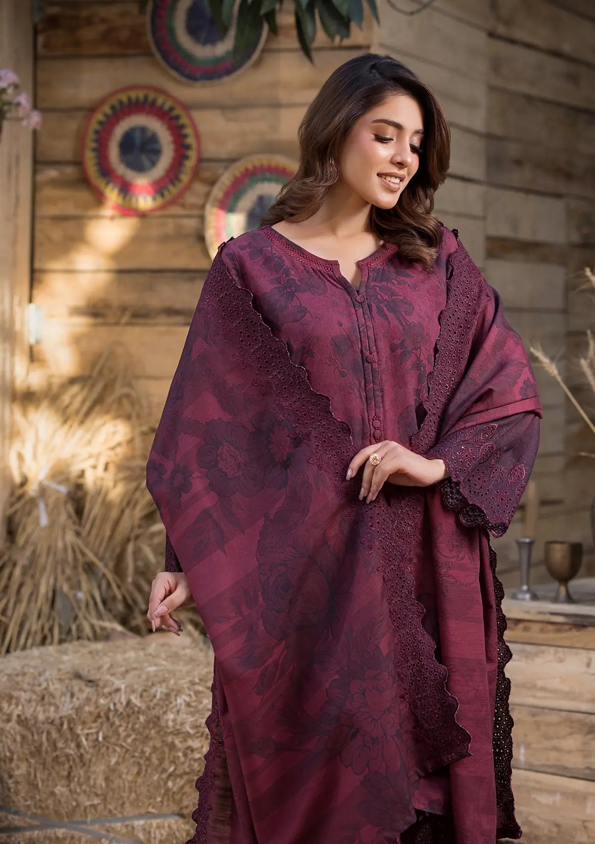 Khaddar (BT-130) 3-Piece Stitch Suit Maroon Bin Tayyab