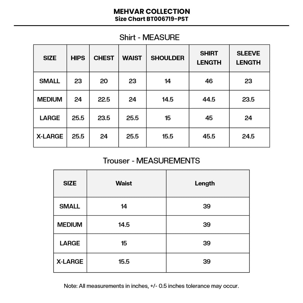 LUXURY Embroidered  LAWN BT006719-PST Size Chart