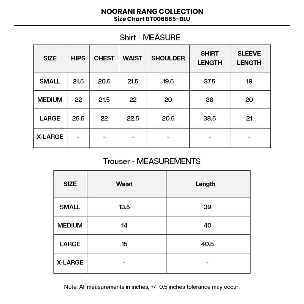 PRINTED VISCOSE LAWN BT006685-BLU Size Chart