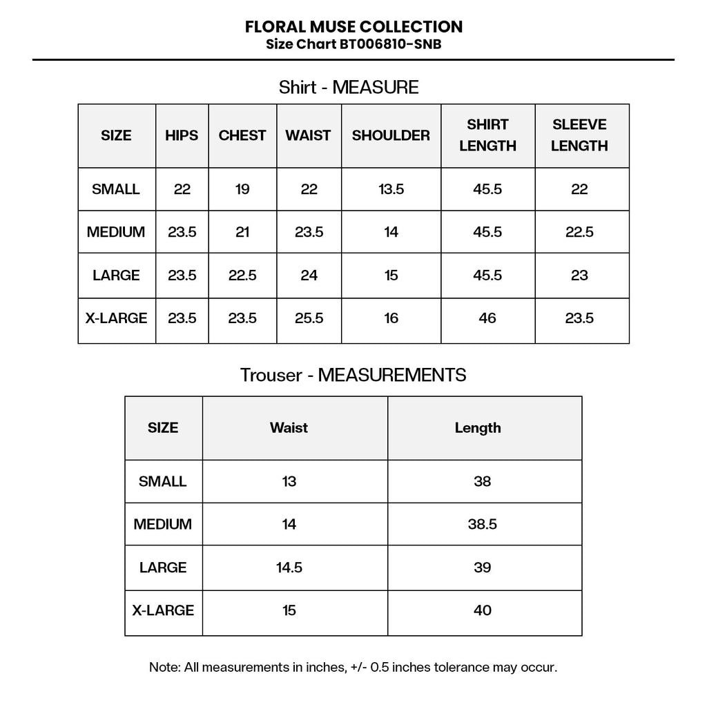 PRINTED EMB LAWN BT006810-SNB Size Chart