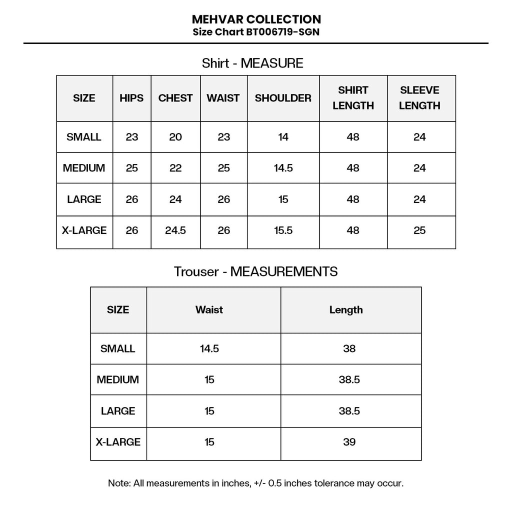 LUXURY Embroidered LAWN BT006719-SGN Size Chart