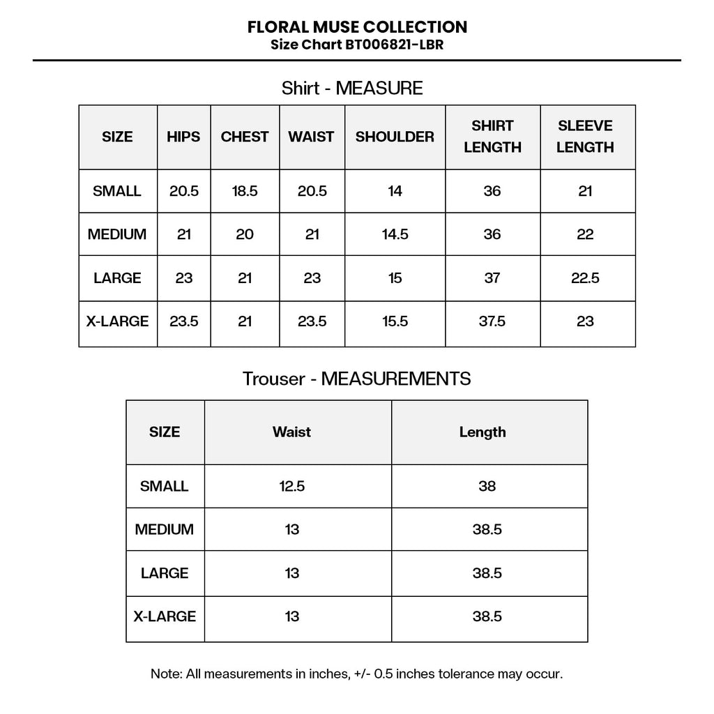 PRINTED EMB LAWN BT006821-LBR Size Chart