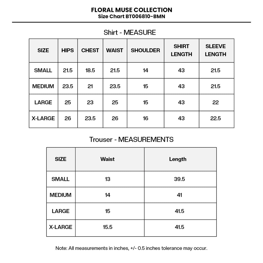 PRINTED EMB LAWN BT006810-BMN Size Chart
