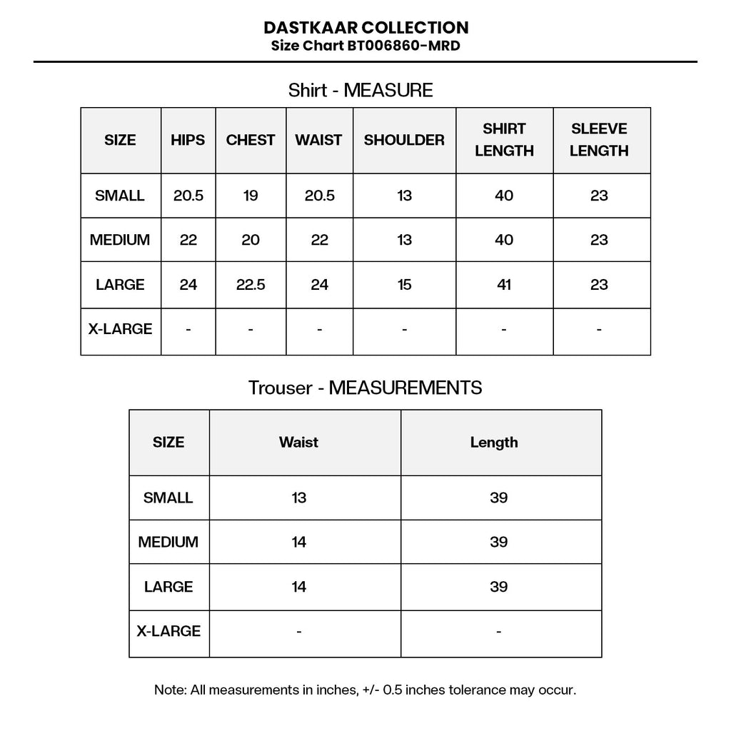 PRINTED EMBROIDERED LAWN BT006860-MRD Size Chart