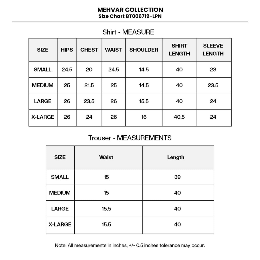 LUXURY Embroidered LAWN BT006719-LPN Size Chart