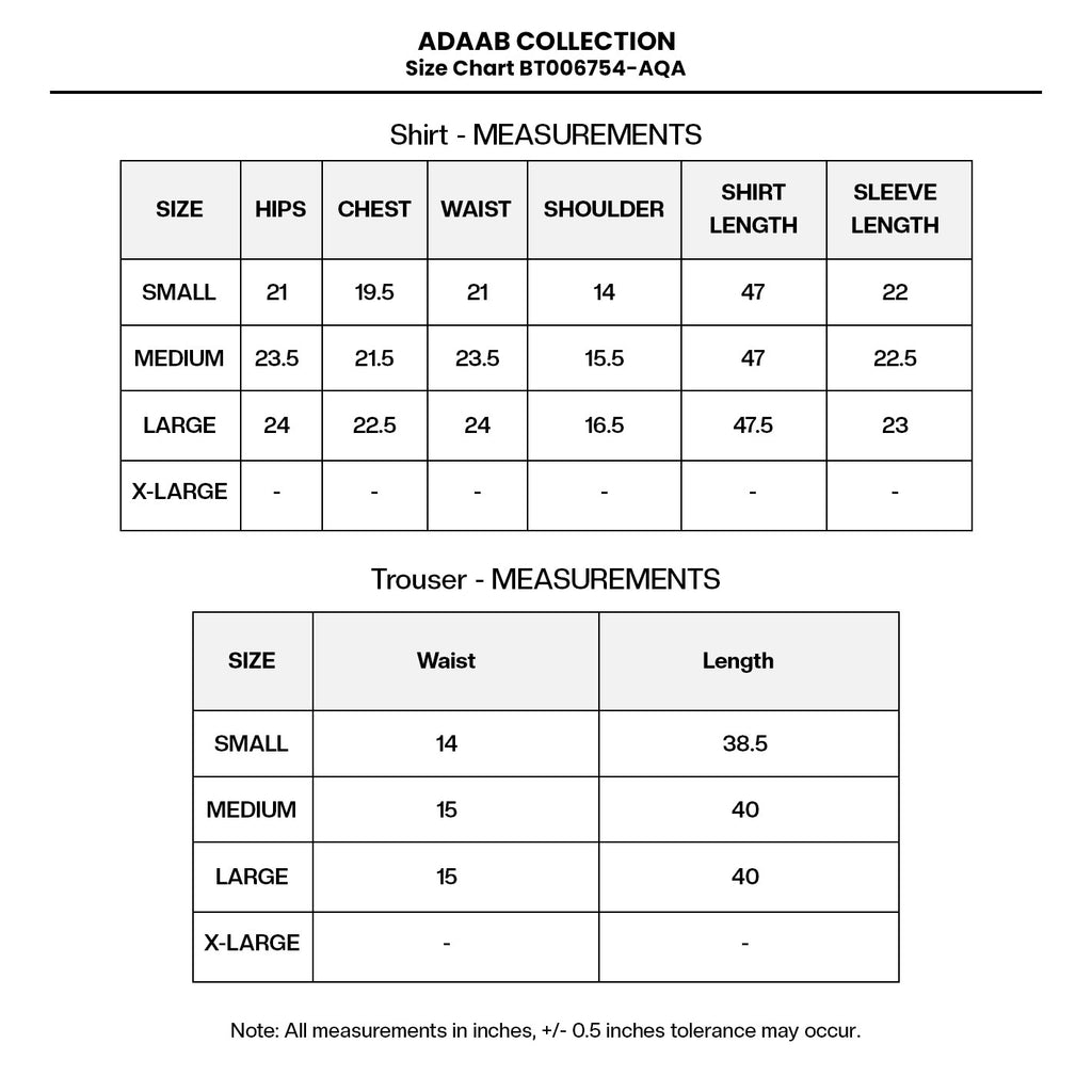 EMBROIDERED KHADDINET BT006754-AQA Size Chart
