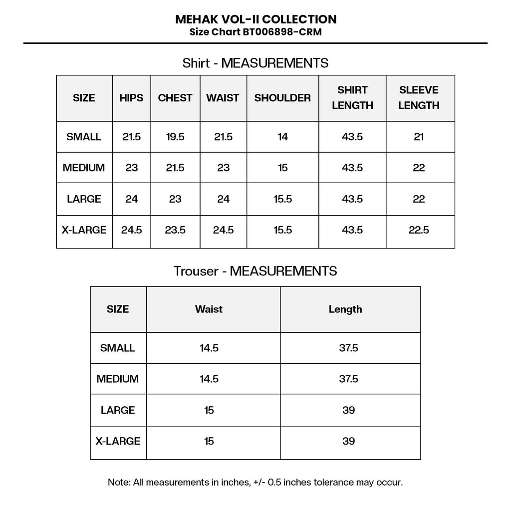 EMBROIDERED Lawn BT006898-CRM Size Chart