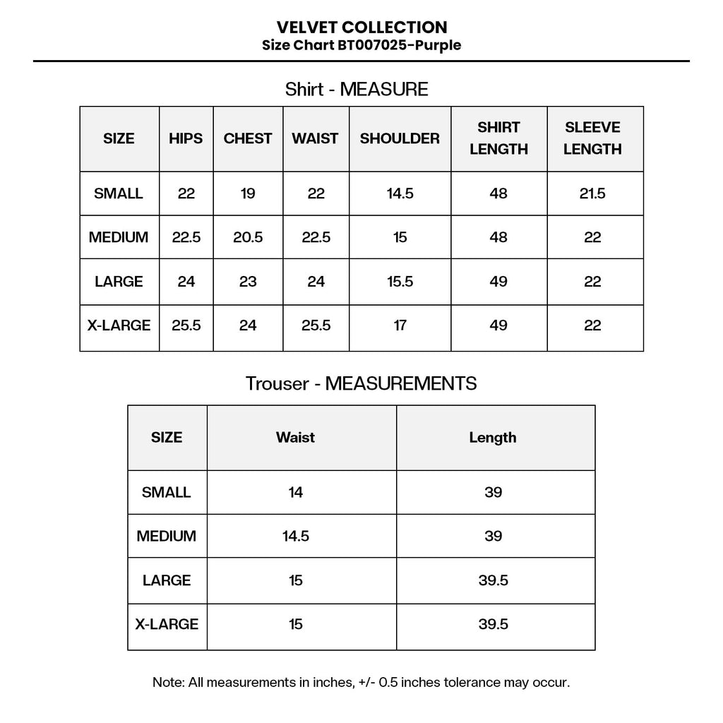 Embroidered Velvet BT007025-PRP Size Chart