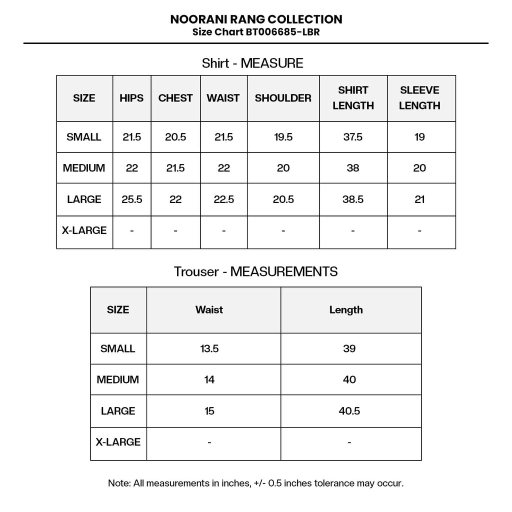 PRINTED VISCOSE LAWN BT006685-LBR Size Chart