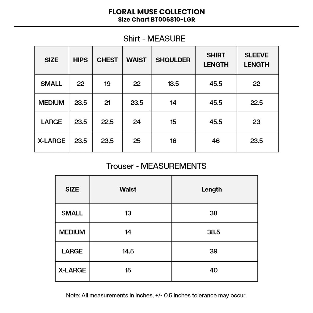 PRINTED EMB LAWN BT006810-LGR Size Chart