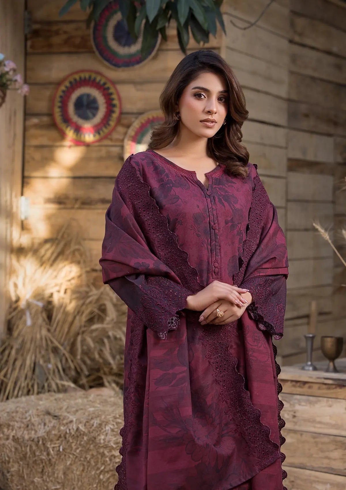 Khaddar (BT-130) 3-Piece Stitch Suit Maroon Bin Tayyab