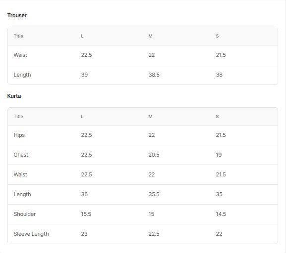 BT006287-CRM: Stylish and Comfortable Clothing Size Chart