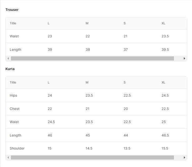 Printed Khaddar BT6544-SKBL Size Chart