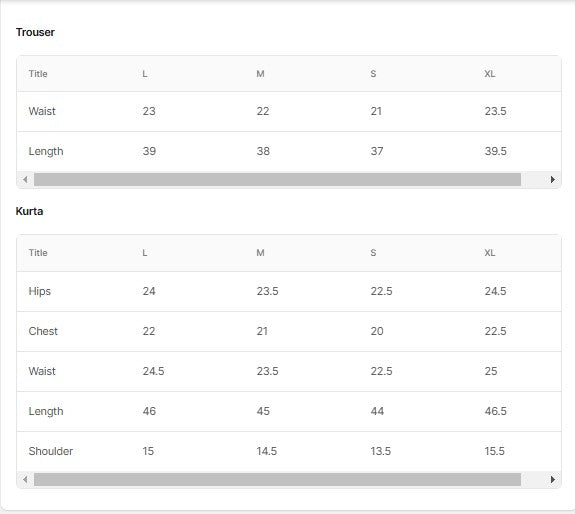 Printed Khaddar BT6553-SKBL Size Chart