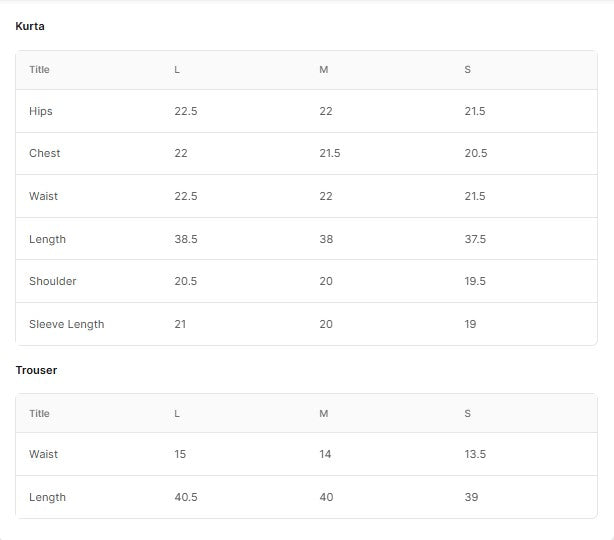 PRINTED LAWN BT006685-LBU Size Chart