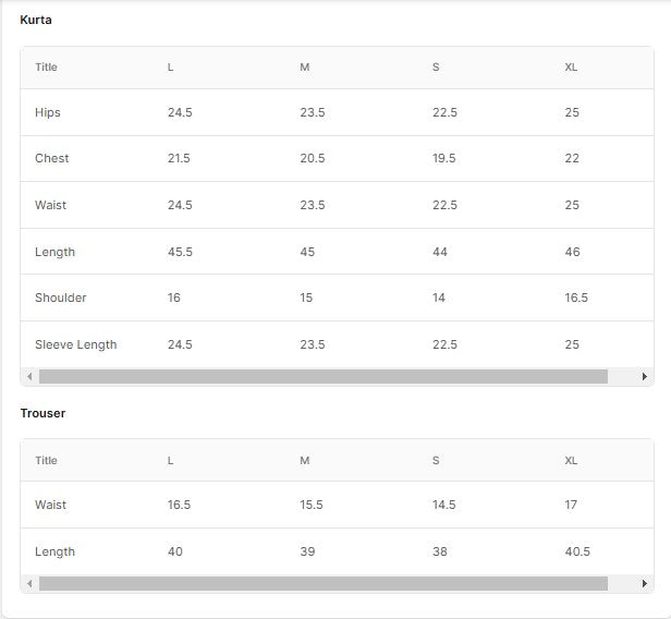 PRINTED CHICKENKARI LAWN BT006697-CGR Size Chart