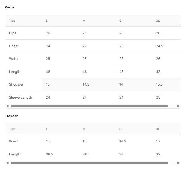 LUXURY Embroidered LAWN BT006719-SGN Size Chart
