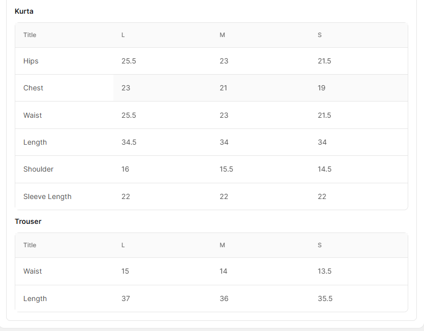 EMBROIDERED COTTON BT006749-PST Size Chart