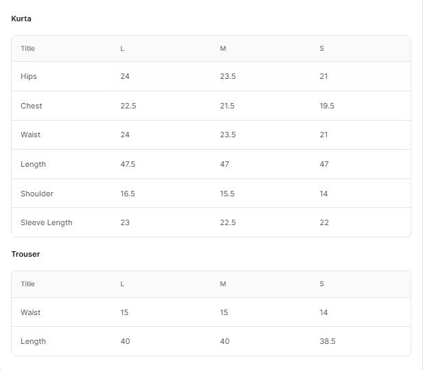 EMBROIDERED KHADDINET BT006754-LPR Size Chart