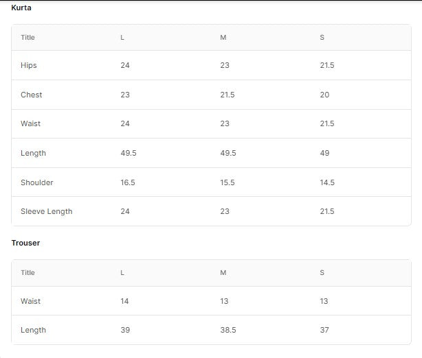 EMBROIDERED KHADDINET BT006754-LPK Size Chart