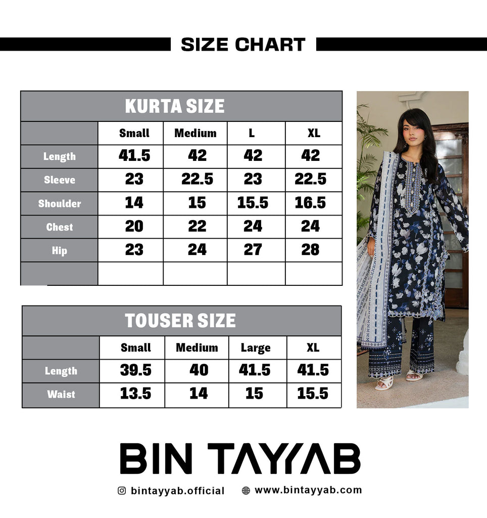 PRINTED EMBROIDERED Lawn BT006892-BBU Size Chart