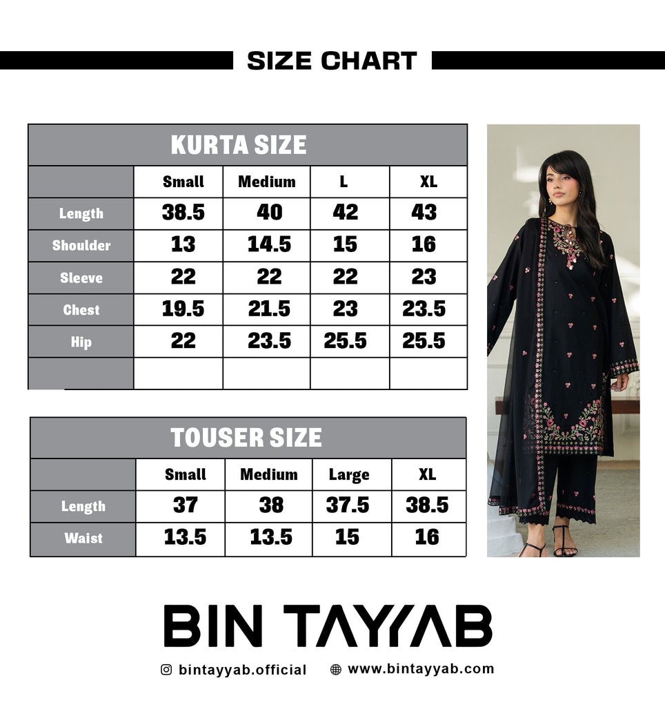 EMBROIDERED Lawn BT006886-BLK Size Chart