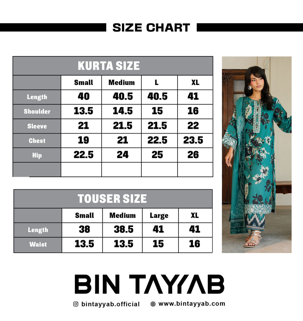 Printed EMBROIDERED Lawn BT006892-GRN Size Chart