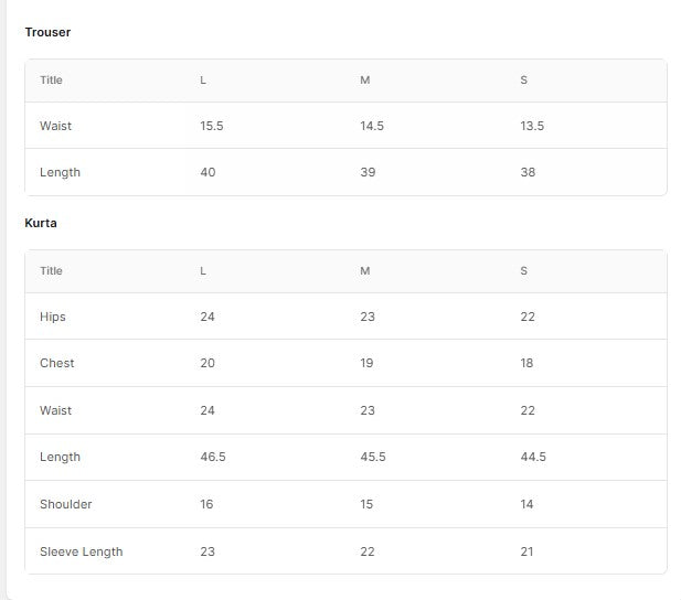 Embroidered Viscose BT006604-LPK Size Chart