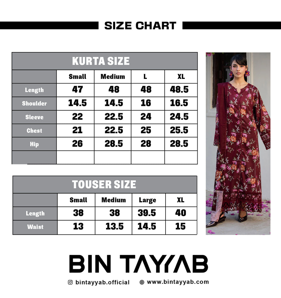PRINTED EMBROIDERED Lawn BT006887-MRN Size Chart