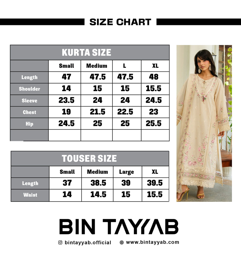 EMBROIDERED Lawn BT006880-OWH Size Chart