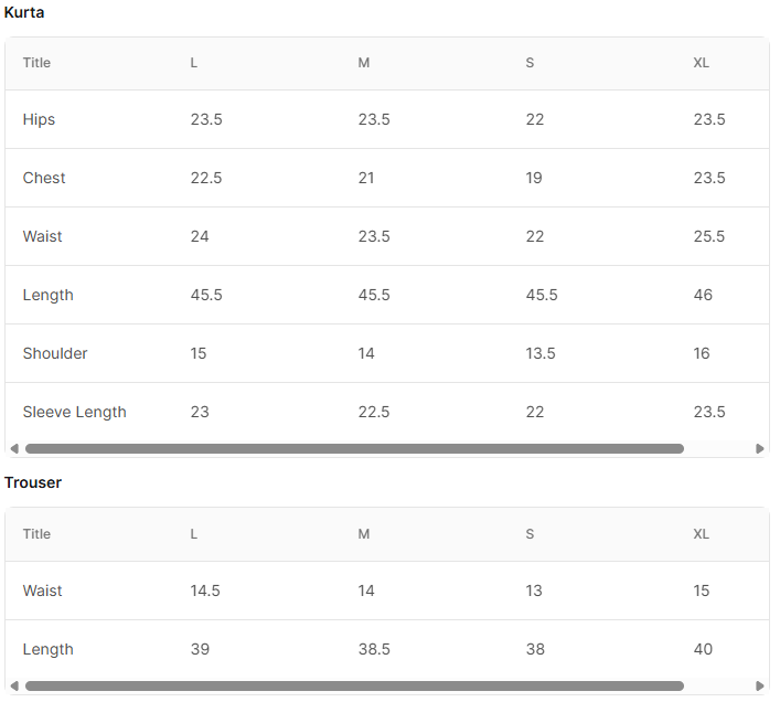 PRINTED EMB LAWN BT006810-LGR Size Chart