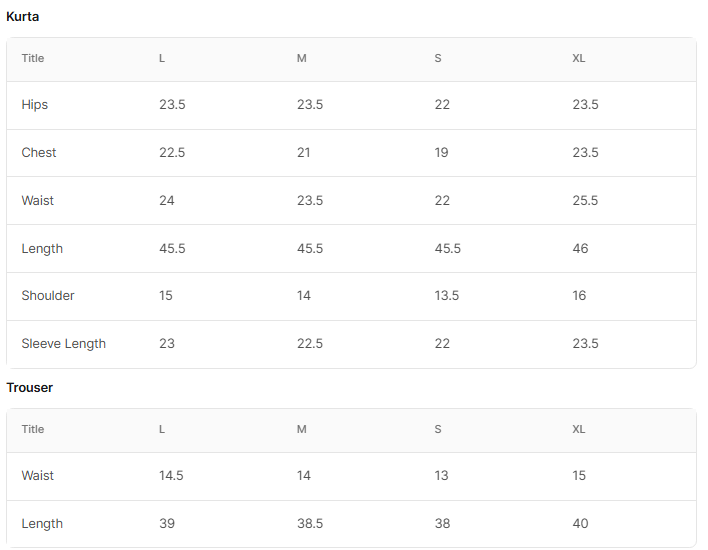 PRINTED EMB LAWN BT006810-SNB Size Chart