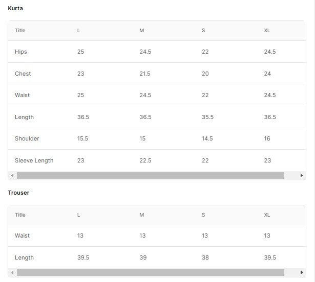 PRINTED LAWN BT006760-BLK Size Chart