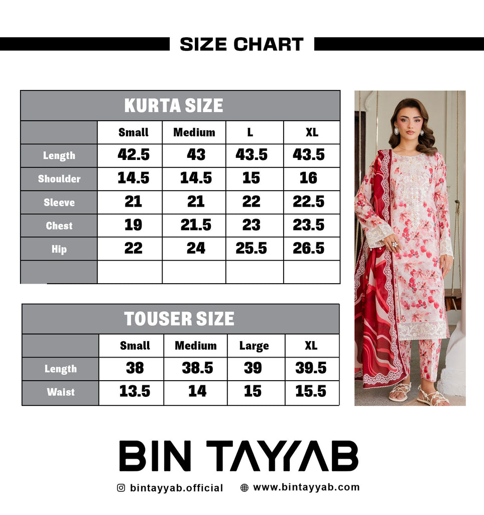 PRINTED EMBROIDERED Lawn BT006892-LPK Size Chart