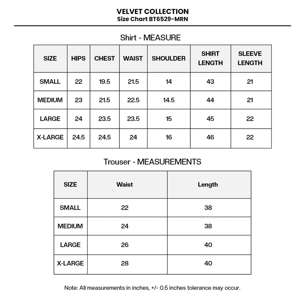 Embroidered Velvet BT6529-MRN (UN-6987-BTB) Size Chart