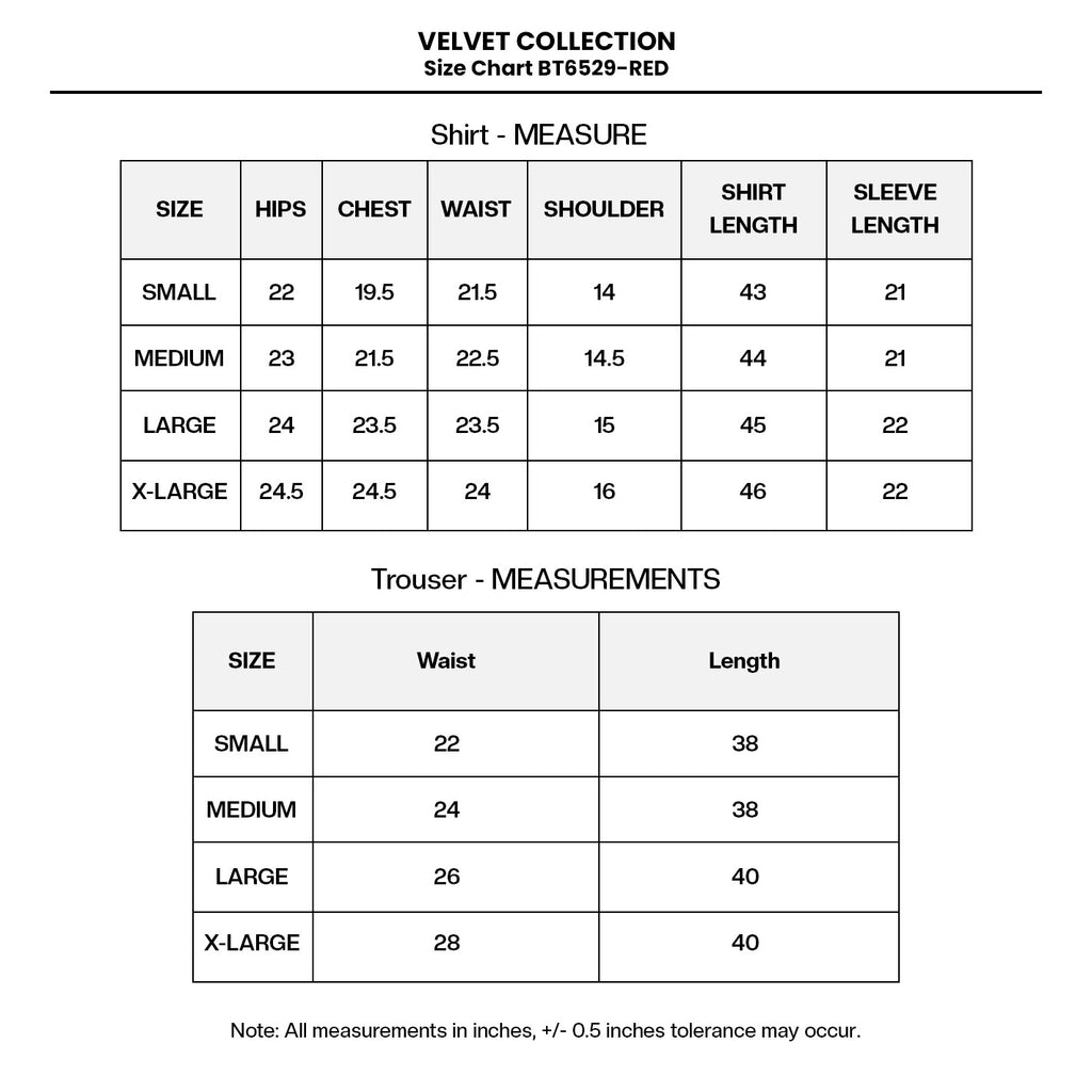 Embroidered Velvet BT6529-RED (UN-6987-BTB) Size Chart