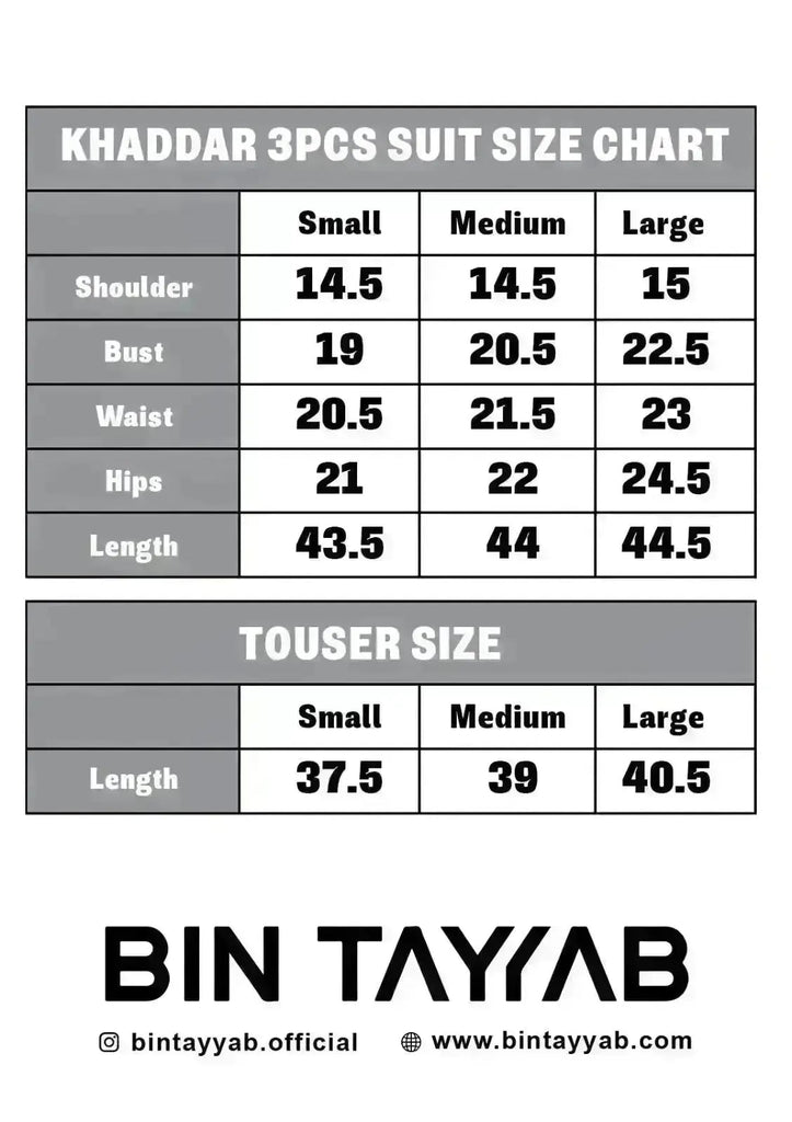 EMBROIDERED KHADDAR (BT-130) Size Chart