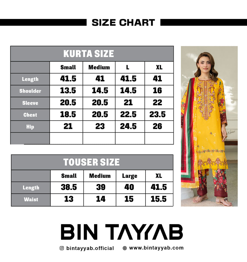 EMBROIDERED Lawn BT006892-YLW Size Chart