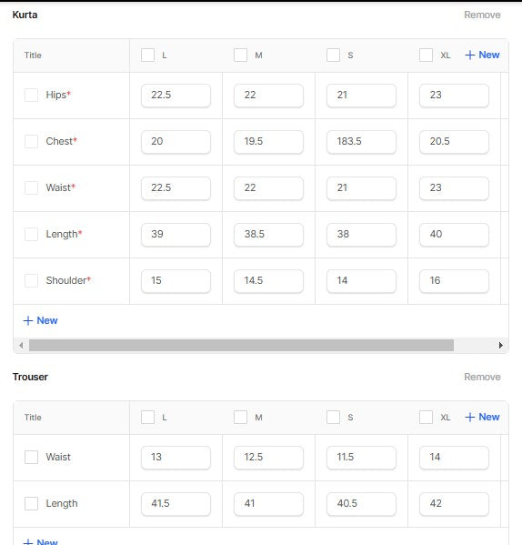 Embroidered Net BT6661-NBL-BT6688-NBL Size Chart